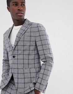 Приталенный пиджак из хлопка и льна в клетку Selected Homme-Серый