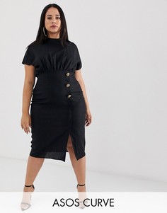 Льняное платье миди с черепаховыми пуговицами ASOS DESIGN Curve-Черный