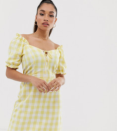 Желтое платье в клетку с добавлением льна и пышными рукавами Miss Selfridge Petite-Мульти