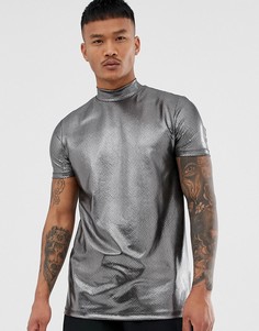 Фестивальная футболка с высоким воротом и звериным принтом с эффектом металлик ASOS DESIGN-Серебряный