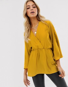 Атласный топ с поясом и рукавами кимоно ASOS DESIGN-Золотой
