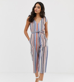 Льняной комбинезон в полоску с завязками на плечах Miss Selfridge-Мульти