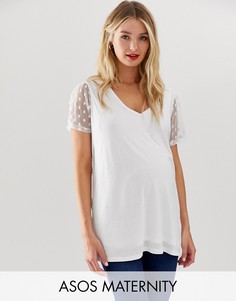 Белая двухслойная футболка с рукавами из сетчатого материала добби ASOS DESIGN Maternity-Белый