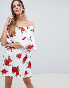 Летнее платье с принтом роз и открытыми плечами ASOS DESIGN-Мульти
