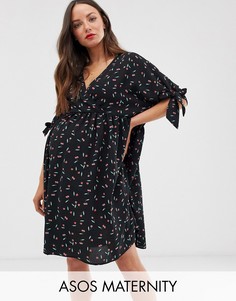 Свободное платье с принтом вишни, запахом и завязками на рукавах ASOS DESIGN Maternity-Мульти