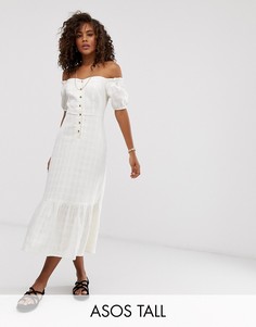 Фактурное платье миди на пуговицах и с открытыми плечами ASOS DESIGN Tall-Белый