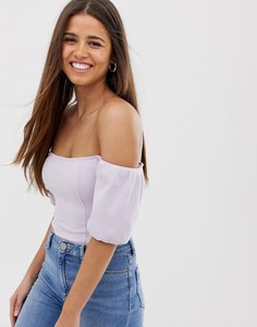 Сиреневое боди в рубчик с широким вырезом и пышными рукавами ASOS DESIGN-Фиолетовый