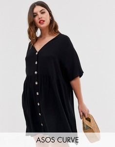 Свободное платье мини с V-образным вырезом и пуговицами ASOS DESIGN Curve-Черный