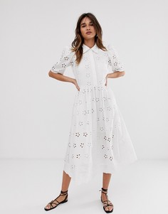 Платье-рубашка миди с вышивкой ришелье ASOS WHITE-Синий
