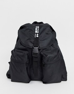 Черный рюкзак с двумя карманами и надписью на ремешке ASOS DESIGN