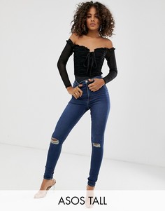 Темно-синие зауженные джинсы с завышенной талией и рваными коленями ASOS DESIGN Tall Ridley-Синий