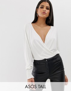 Боди с запахом, присборенными манжетами и открытой спиной ASOS DESIGN Tall-Кремовый