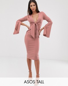 Платье миди с глубоким вырезом, поясом и длинными рукавами ASOS DESIGN Tall-Зеленый