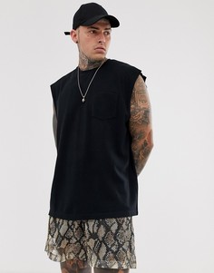 Черная удлиненная oversize-футболка из ткани пике без рукавов и с заниженными проймами ASOS DESIGN-Черный