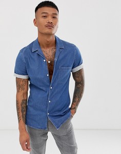 Выбеленная эластичная приталенная джинсовая рубашка с отложным воротником ASOS DESIGN-Синий