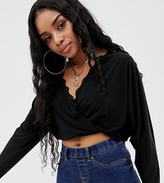 Топ с запахом и кружевной отделкой ASOS DESIGN Petite-Черный