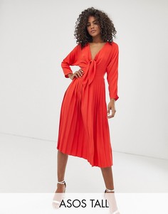 Плиссированное платье миди с завязкой ASOS DESIGN Tall-Красный