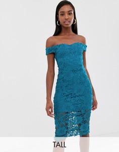 Сине-зеленое кружевное платье миди со спущенными плечами Missguided Tall-Синий
