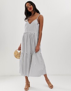 Ярусное платье макси на бретелях в черно-белую полоску ASOS DESIGN-Мульти