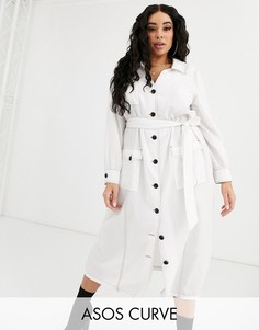 Платье-рубашка миди с контрастными строчками ASOS DESIGN Curve-Белый