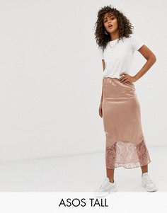 Атласная юбка миди косого кроя с кружевной отделкой по краю ASOS DESIGN Tall-Розовый