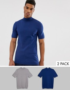 2 хлопковые футболки с воротником-стойкой (темно-синяя/светло-серая) ASOS DESIGN - Скидка-Мульти
