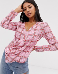 Клетчатый лонгслив с запахом и глубоким вырезом ASOS DESIGN-Мульти