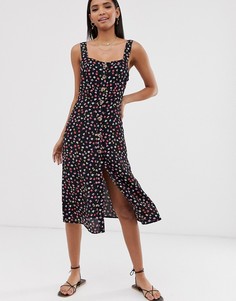 Черное летнее платье на пуговицах с цветочным принтом River Island-Черный