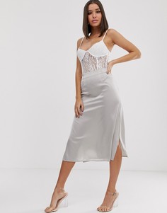 Серебристая атласная юбка миди с двумя разрезами Missguided-Розовый
