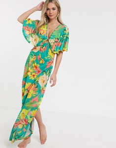 Облегающее пляжное трикотажное платье макси с кольцом и крупным тропическим цветочным принтом ASOS DESIGN-Мульти