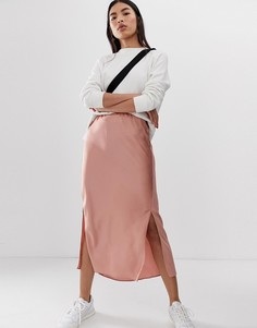 Атласная юбка миди с разрезами ASOS DESIGN-Розовый