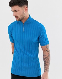 Трикотажная футболка неоново-синего цвета в рубчик с короткой молнией ASOS DESIGN-Синий