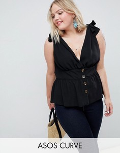 Черный топ с пуговицами и завязками на плечах ASOS DESIGN Curve