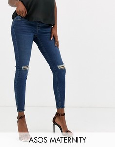 Темно-синие выбеленные джинсы скинни с завышенной талией ASOS DESIGN Maternity - Ridley-Синий