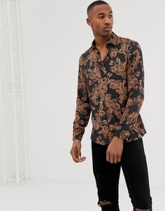 Черная приталенная рубашка с принтом в стиле барокко River Island-Черный