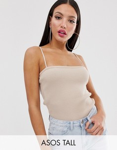 Трикотажный топ в рубчик на тонких бретельках ASOS DESIGN Tall-Светло-бежевый