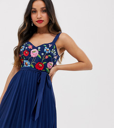 Плиссированное платье мини с вышивкой на лифе ASOS DESIGN Petite-Темно-синий