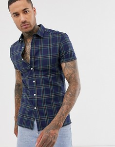 Рубашка скинни в синюю и зеленую клетку ASOS DESIGN-Темно-синий