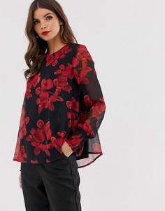 Блузка с цветочным принтом и присборенной отделкой на рукавах Y.A.S-Черный