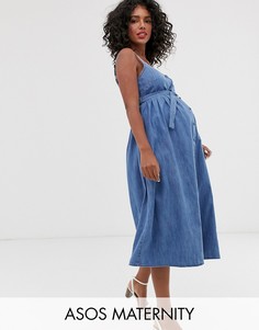 Голубое джинсовое платье миди с поясом ASOS DESIGN Maternity-Синий