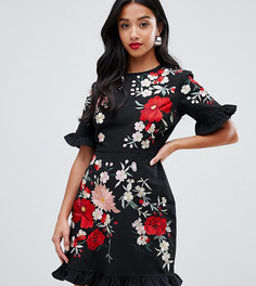 Платье мини с вышивкой и оборками ASOS DESIGN Petite-Черный
