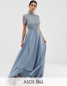 Платье макси с короткими рукавами и декорированным лифом ASOS DESIGN Tall-Мульти