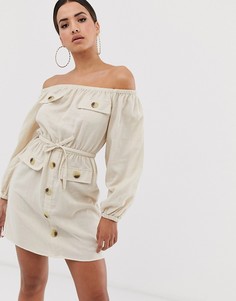 Платье мини в стиле милитари с открытыми плечами и карманами ASOS DESIGN-Кремовый