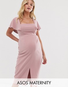 Платье миди с квадратным вырезом и рукавами-оборками ASOS DESIGN Maternity-Розовый