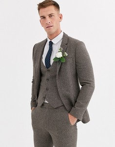Коричневый приталенный пиджак с добавлением шерсти и узором в елочку ASOS DESIGN