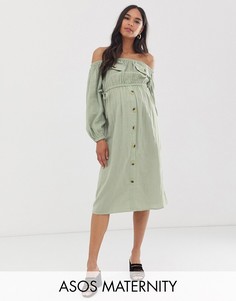 Платье миди с открытыми плечами и карманами ASOS DESIGN Maternity-Зеленый