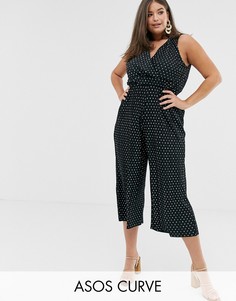 Плиссированный комбинезон в горошек с запахом ASOS DESIGN Curve-Мульти