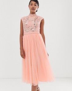 Платье миди с зеркальной отделкой на лифе и юбкой из тюля ASOS DESIGN-Мульти