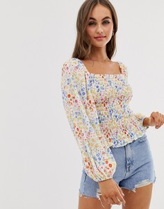 Кроп-топ с длинными рукавам, сборками и цветочным принтом ASOS DESIGN-Мульти