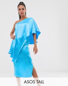 Атласное платье миди на одно плечо с двухслойным дизайном ASOS DESIGN Tall-Синий